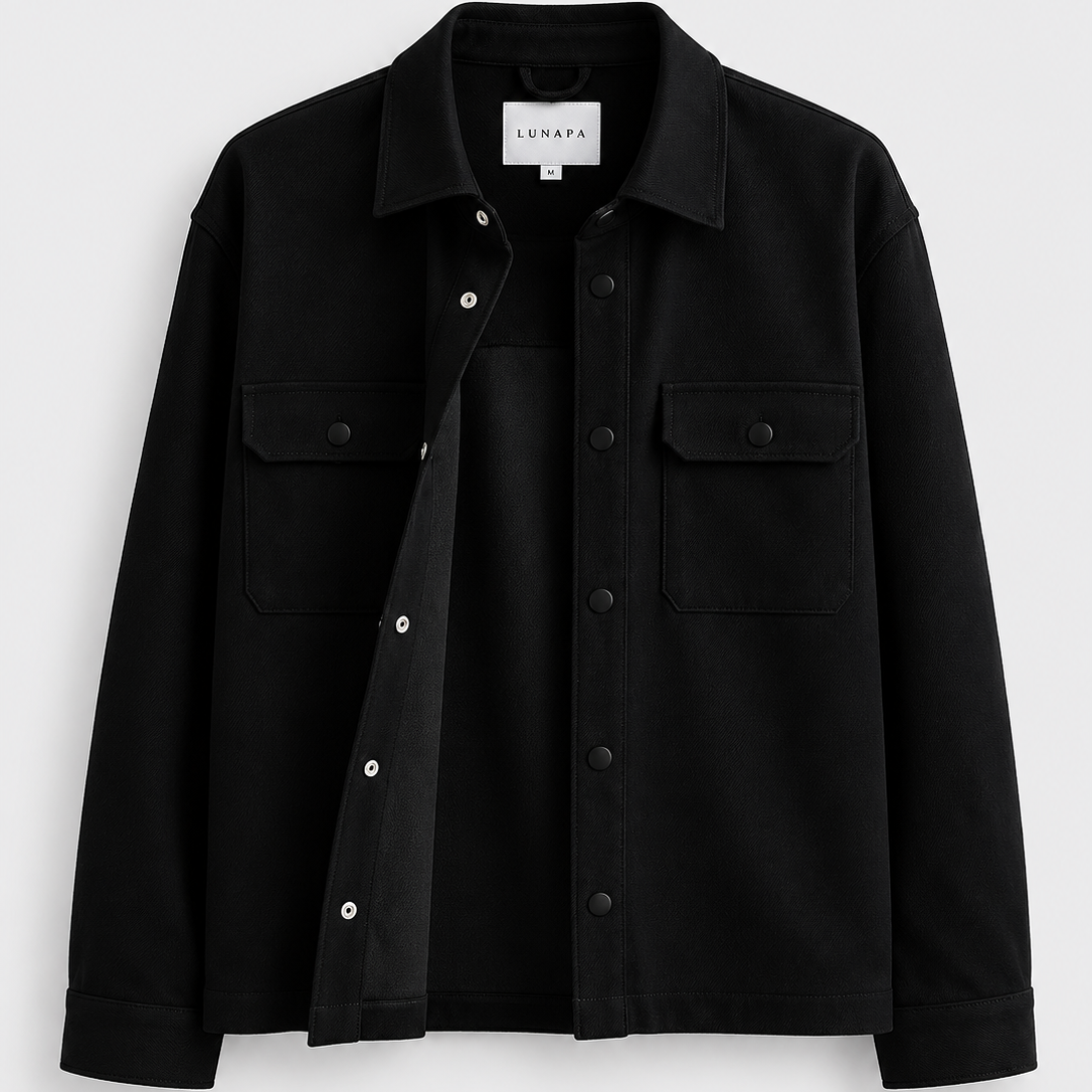 LUNAPA | Men’s Black Jersey Twill Popper Shacket