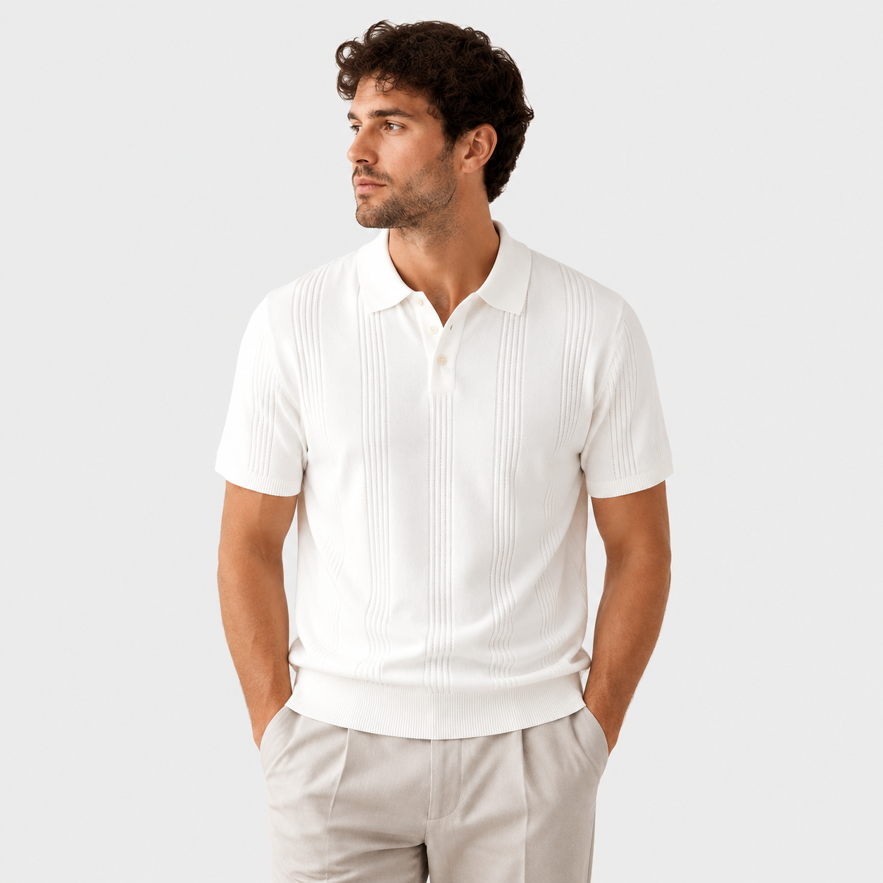 LUNAPA | Men’s White Pointelle Knit Polo