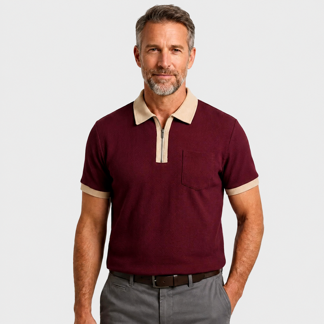 LUNAPA | Men’s Textured Front-Zip Polo Shirt